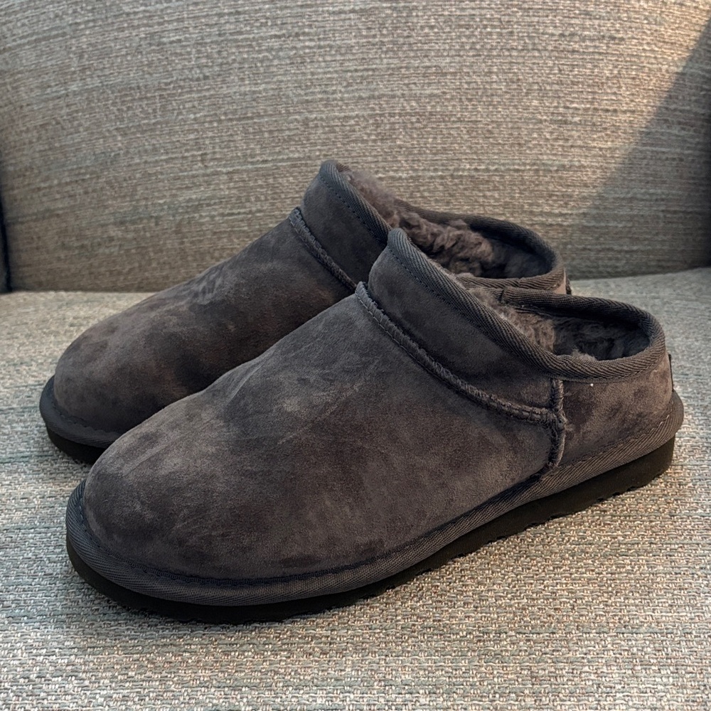 UGG Classic Slipper Grey Suede Sheepskin Slip On Slippers Shoes Women’s Size 6‎
